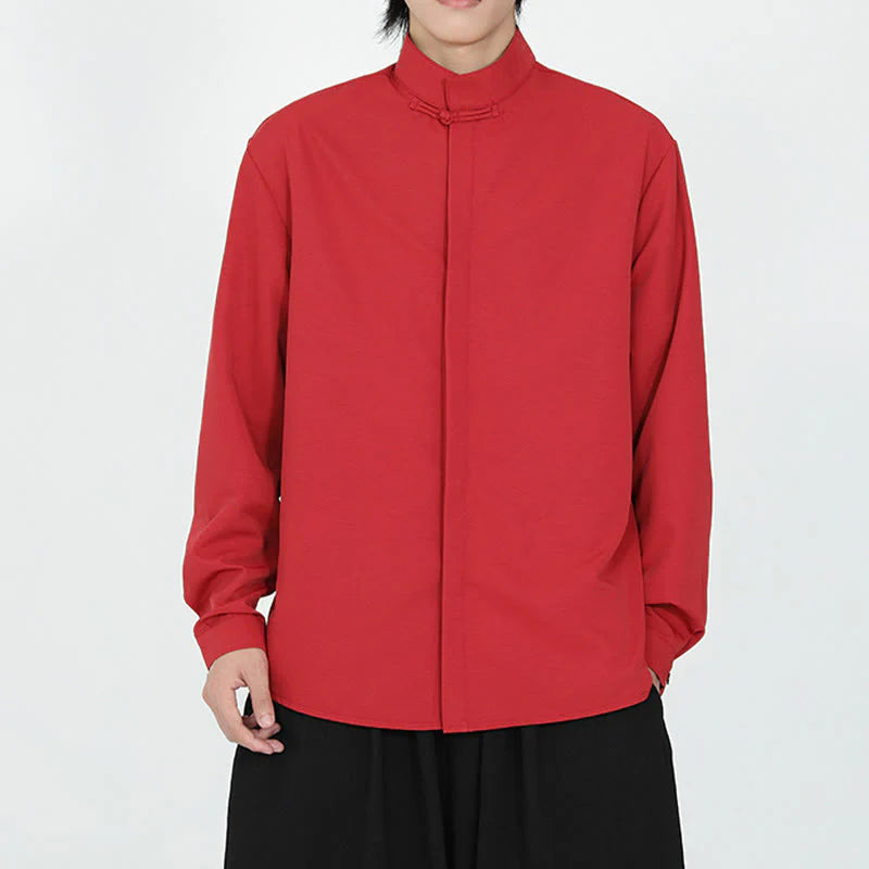 Buddha Stones Solid Color One Frog-Button Long Sleeve Cotton Men's Shirt