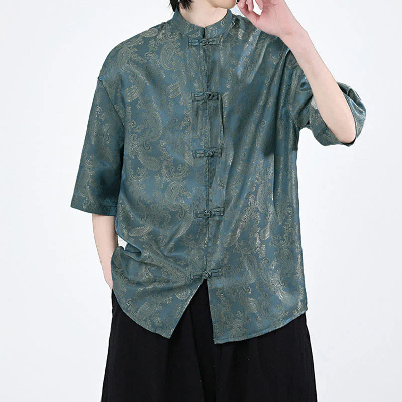 Buddha Stones Summer Frog-Button Half Sleeve Vine Leaf Flower Pattern Men's Shirt