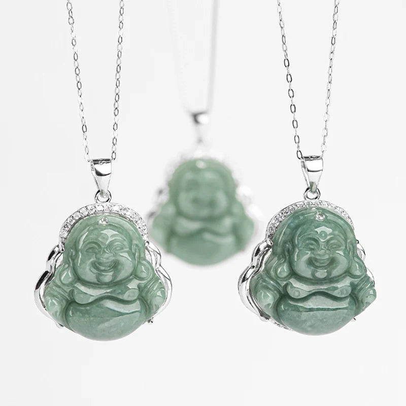 Buddha Stones Laughing Buddha Jade Abundance Necklace Titanium Steel Chain Pendant