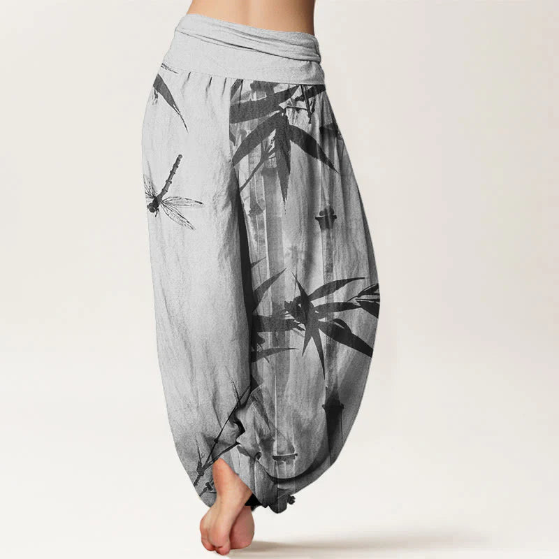 Buddha Stones Cotton Casual Bamboo Leaves Dragonfly Pattern Women's Elastic Waist Harem Pants