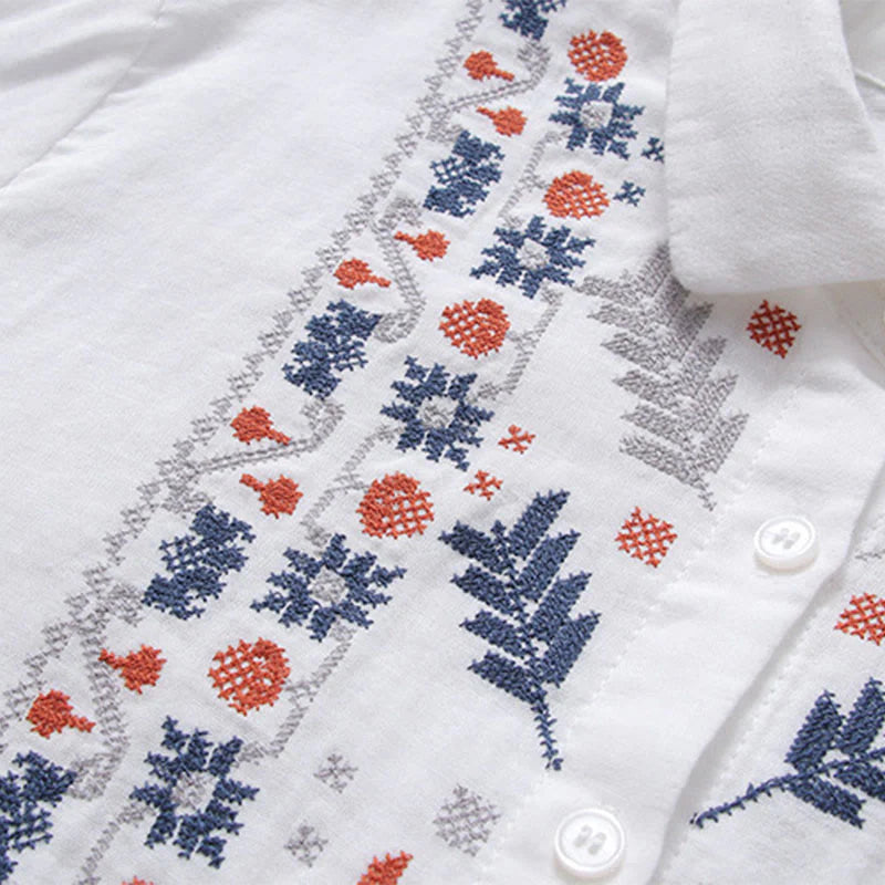 Buddha Stones Fall White Geometric Striped Flower Embroidery Button Women's Cotton Long Sleeve Shirt