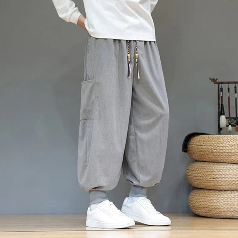 Buddha Stones Spring Solid Color Men's Ankle-Length Cotton Pants With Pockets