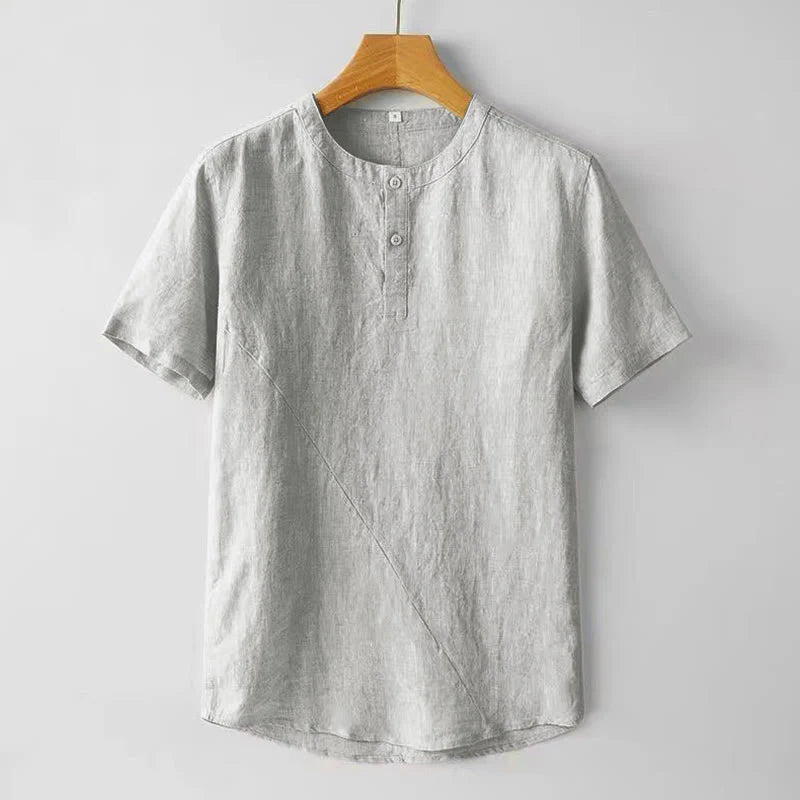 Buddha Stones Summer Men's Solid Color Button Short Sleeve Cotton Linen Shirt