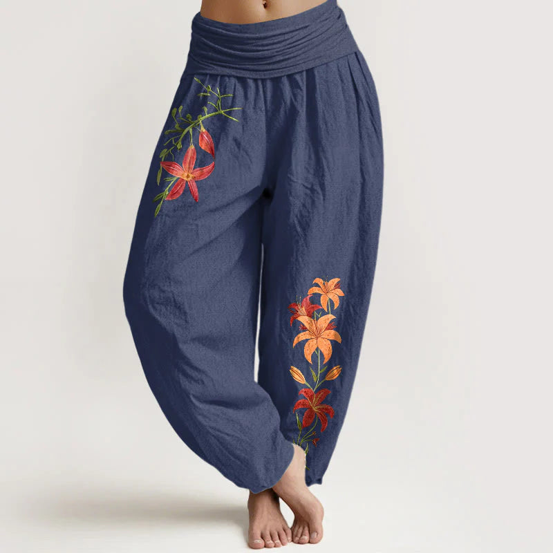 Buddha Stones Pure Cotton Brightly Colored Lilies Five-Petaled Flower Pattern Women's Elastic Waist Harem Pants