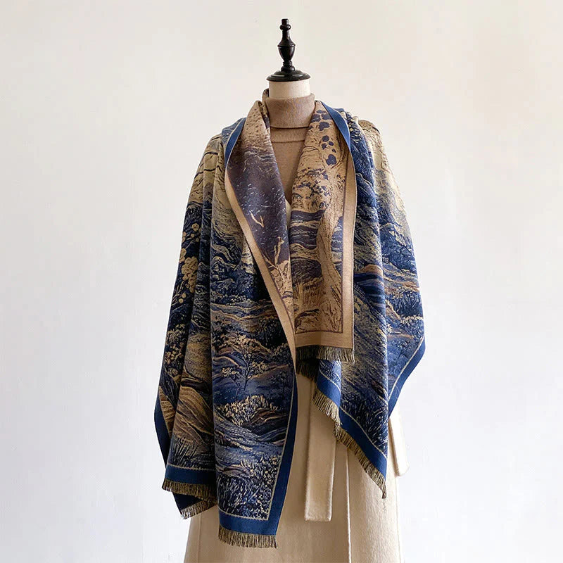 Buddha Stones Winter Gradient Color Warm Hills Trees Pattern Cozy Scarf Shawl