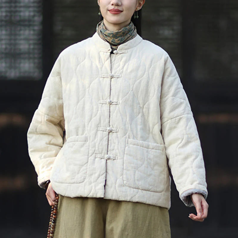 Buddha Stones Winter Curved Lines Frog-Button Ramie Cotton Long Sleeve Women's Thermal Jacket With Pockets