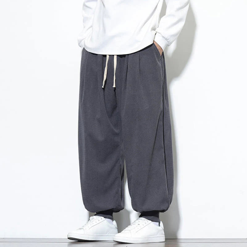 Buddha Stones Fall Plain Drawstring Simple Design Men's Harem Cotton Corduroy Pants With Pockets