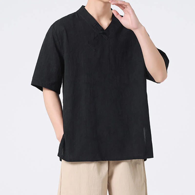 Buddha Stones Ethnic Distressed Jacquard Frog-Button Men's Stand Collar Half Sleeve Cotton Linen Shirt Tai Chi Clothes