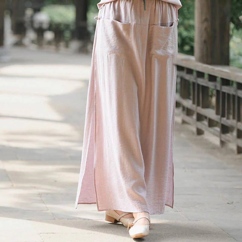 Buddha Stones Solid Color Hem Slit Design Women's Skirt Pants With Pockets