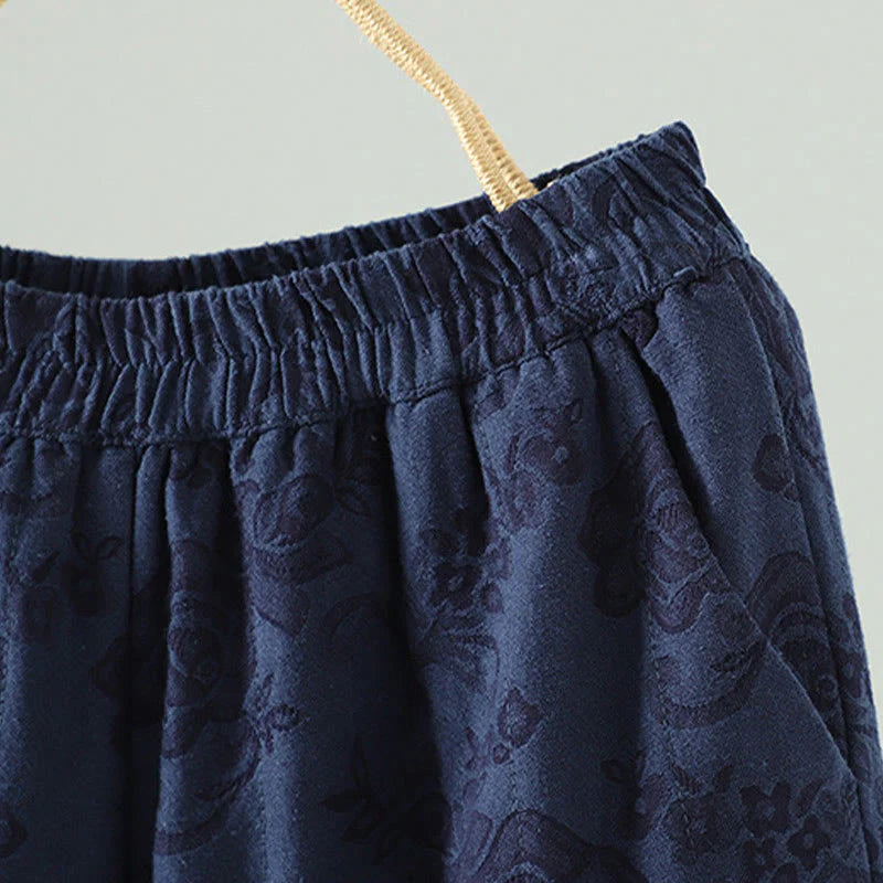 Buddha Stones Jacquard Cotton-padded Women's Wide Leg Thermal Ankle-Length Pants With Pockets