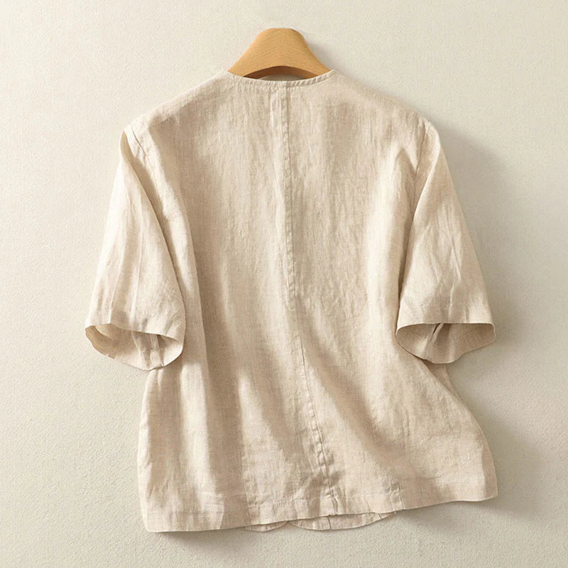 Buddha Stones Summer Solid Color V-Neck Buttons Simple Design Women's Short Sleeve Shirt