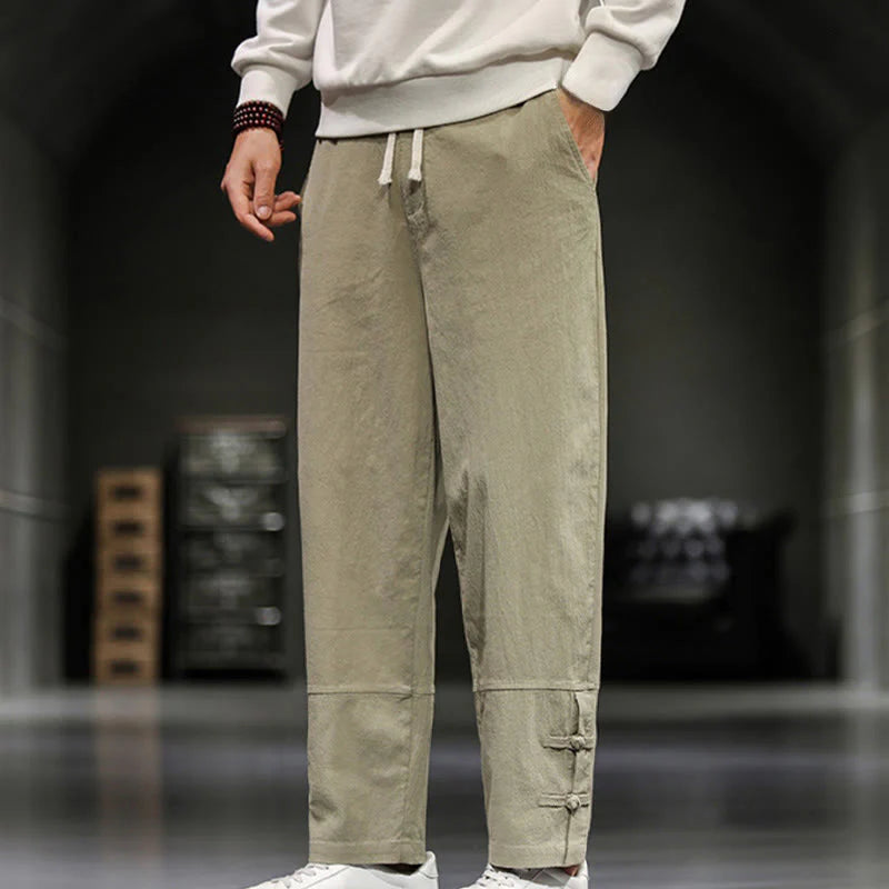 Buddha Stones Drawstring Elastic Waist Frog-Button Ankle-Length Men's Cotton Pants With Pockets