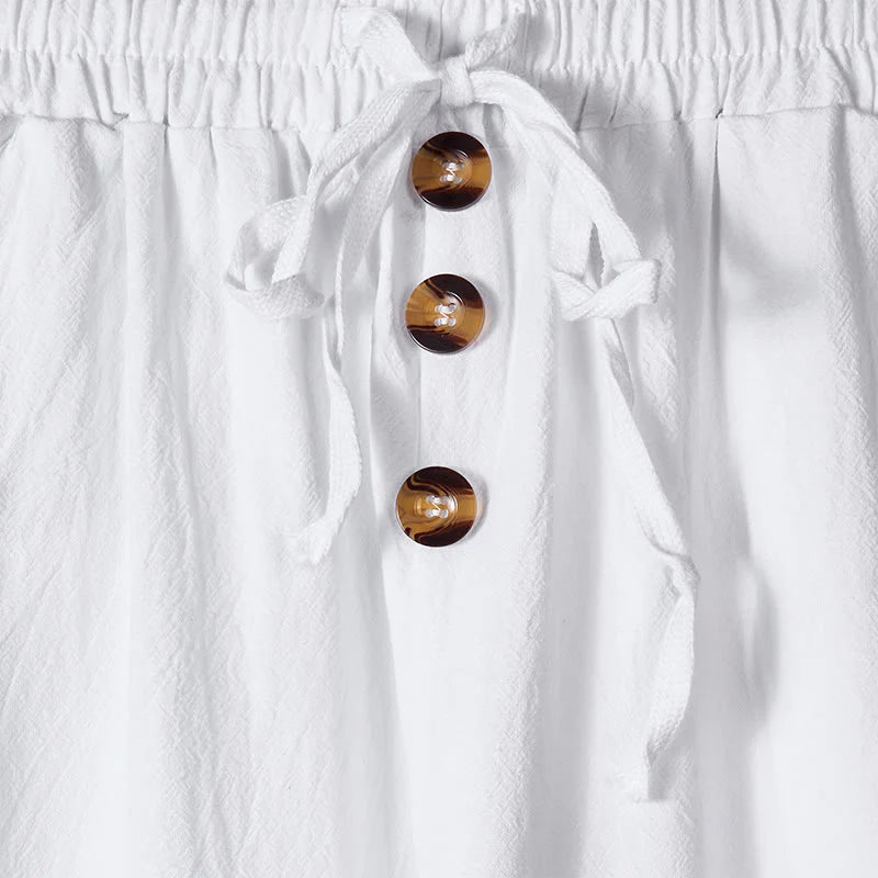 Buddha Stones Solid Color Buttons Drawstring Men's Cotton Pants With Pockets