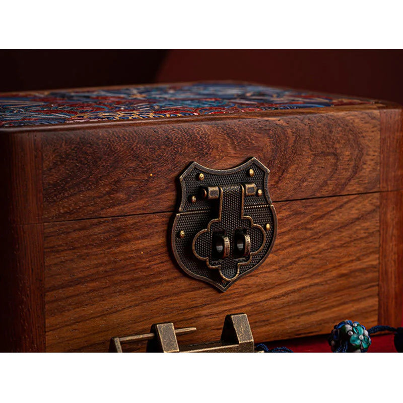 Buddha Stones Retro Handmade Floral Pattern Rosewood Jewelry Storage Box Lockable Wooden Gift Organizer Box