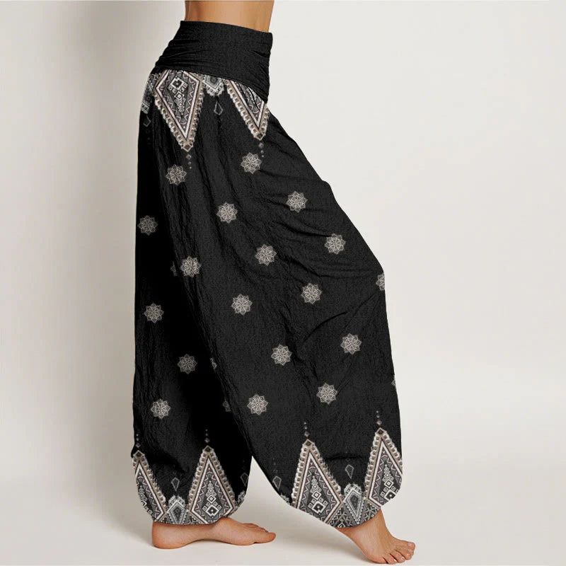 Buddha Stones Cotton Bohemian Geometric Floral Design Women's Elastic Waist Harem Pants