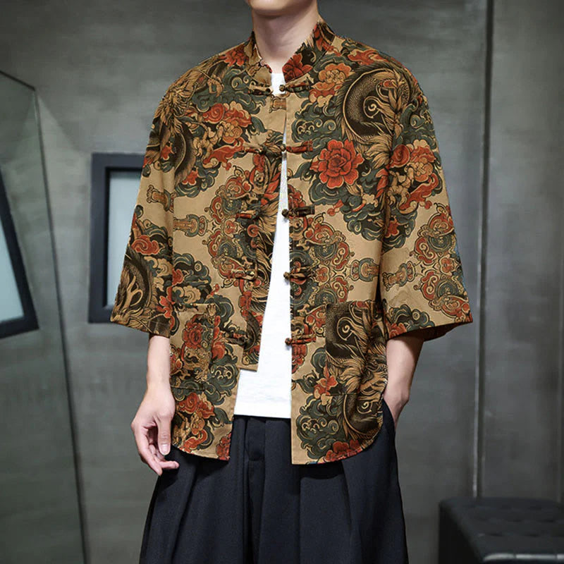 Buddha Stones Spring Frog-Button Dragon Mountain Flower Three Quarter Sleeve Tang Suit Men's Shirt With Pockets
