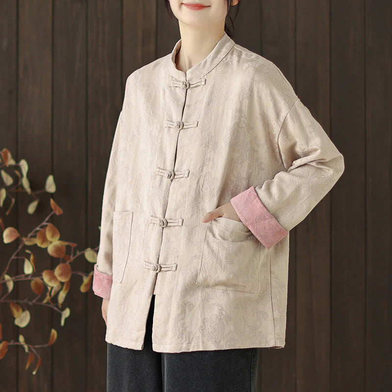 Buddha Stones Fall Floral Print Frog-Button Stand Collar Long Sleeve Women's Cotton Shirt