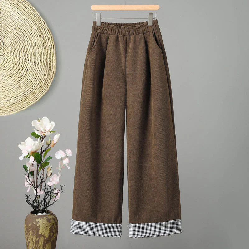 Buddha Stones Plain Elastic Waist Patchwork Plaid Women's Ankle-Length Wide Leg Corduroy Pants