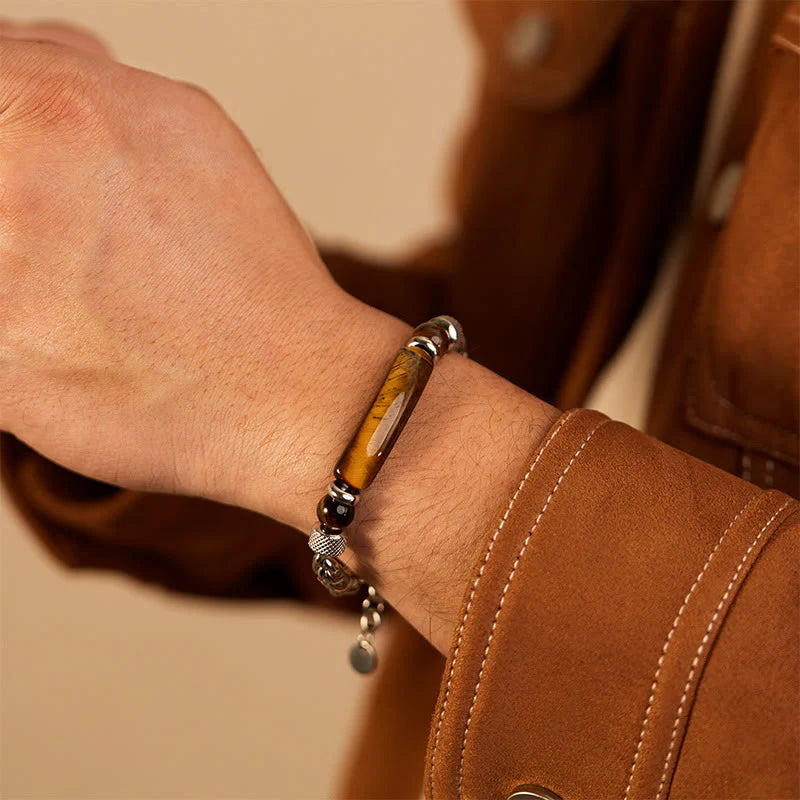 Buddha Stones Tiger Eye Black Obsidian Stone Titanium Steel Strength Buckle Bracelet