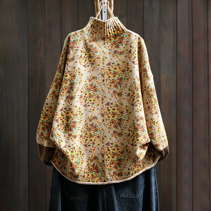 Buddha Stones Women's Knitted Floral Cotton Ribbed Hem Long Sleeve Mock Neck Sweater