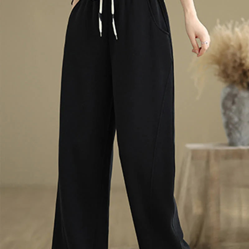 Buddha Stones Solid Color Drawstring Women's Wide Leg Pants With Pockets