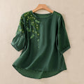 Buddha Stones Retro Embroidery Floral Pattern Short Sleeve Crew Neck Women's Shirt