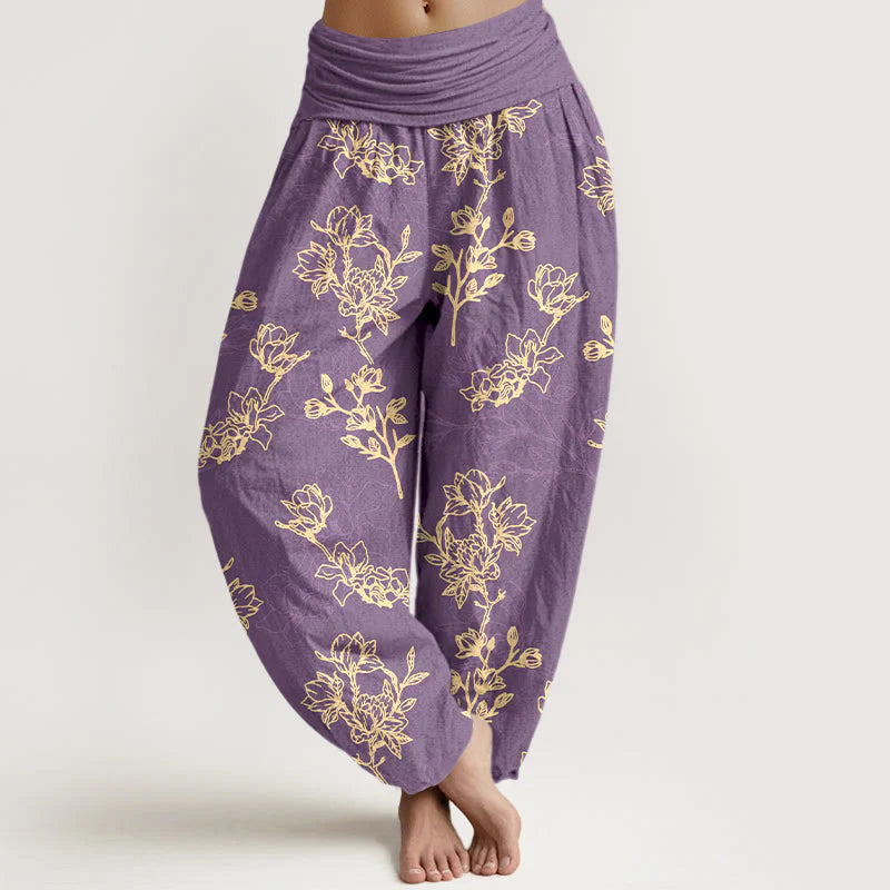 Buddha Stones Cotton Simple Flower Bud Pattern Women's Elastic Waist Harem Pants