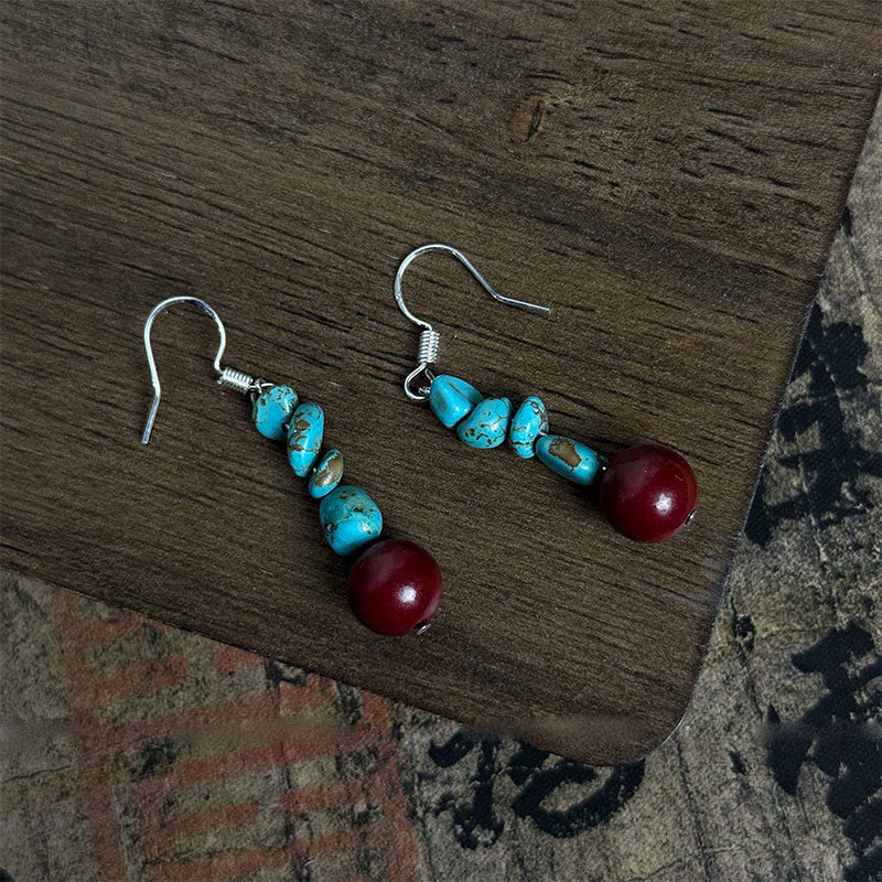 Buddha Stones Tibetan 925 Sterling Silver Turquoise Cinnabar beads Protection Earrings