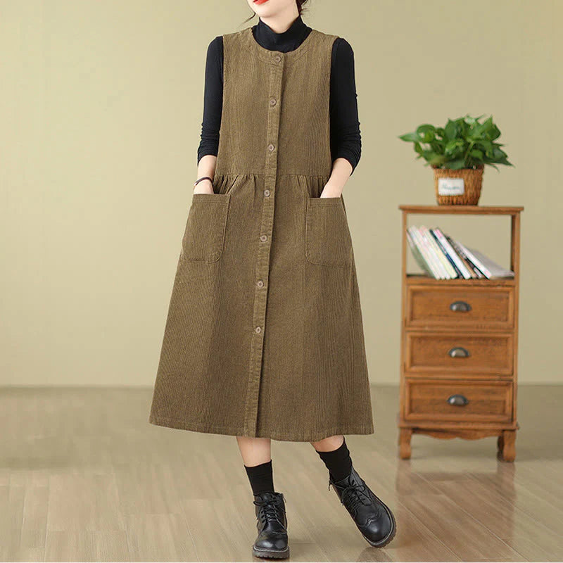 Buddha Stones Fall Retro Buttons Design Corduroy Sleeveless Midi Dress With Pockets