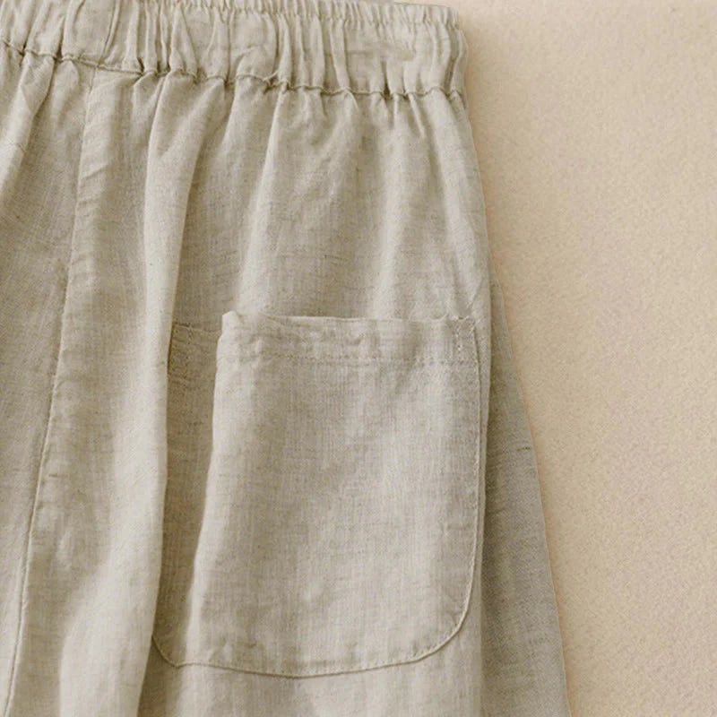 Buddha Stones Summer Elastic Waist Cotton Women's Capri Cropped Harem Pants With Pockets
