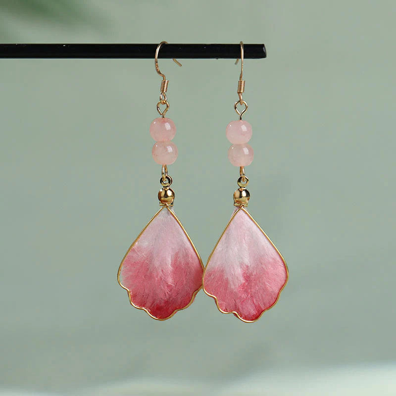 Buddha Stones Silk Art Handmade Pink Velvet Good Fortune Protection Drop Hook Earrings
