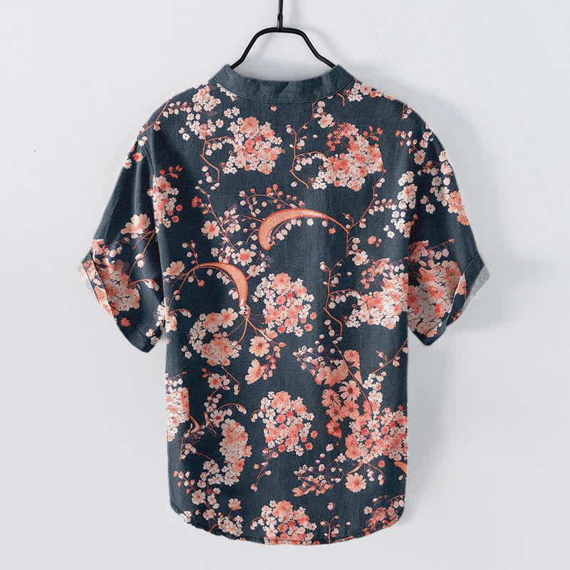 Buddha Stones Cotton Pink Floral Henley Men's Short Sleeve Half Button Shirt