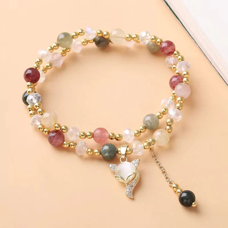 Buddha Stones Multicolored Rutilated Quartz Fox Protection Double Wrap Bracelet