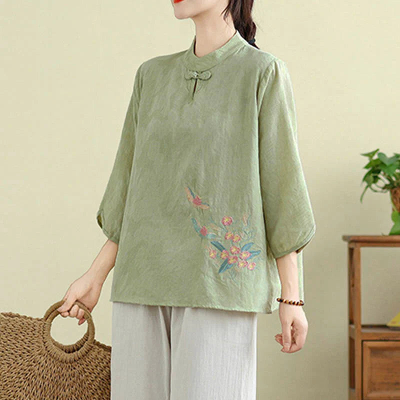 Buddha Stones Flower Embroidery Three Quarter Sleeve One Frog-Button Mandarin Collar Cotton Women's Shirt