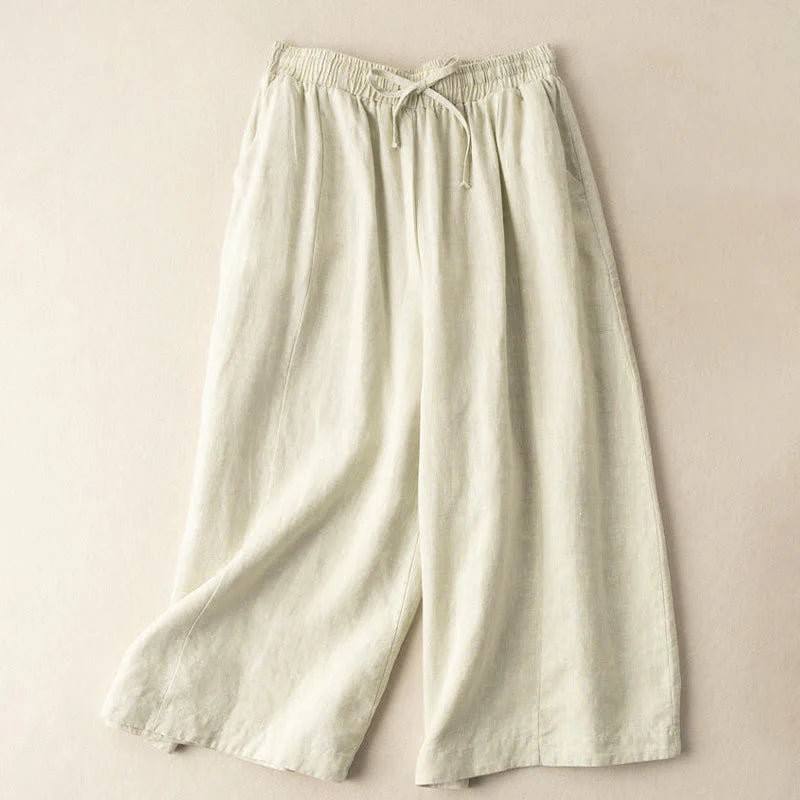 Buddha Stones Plain Color 7-8 Length Capri Cropped Pants Cotton Linen Women's Wide Leg Pants With Pockets
