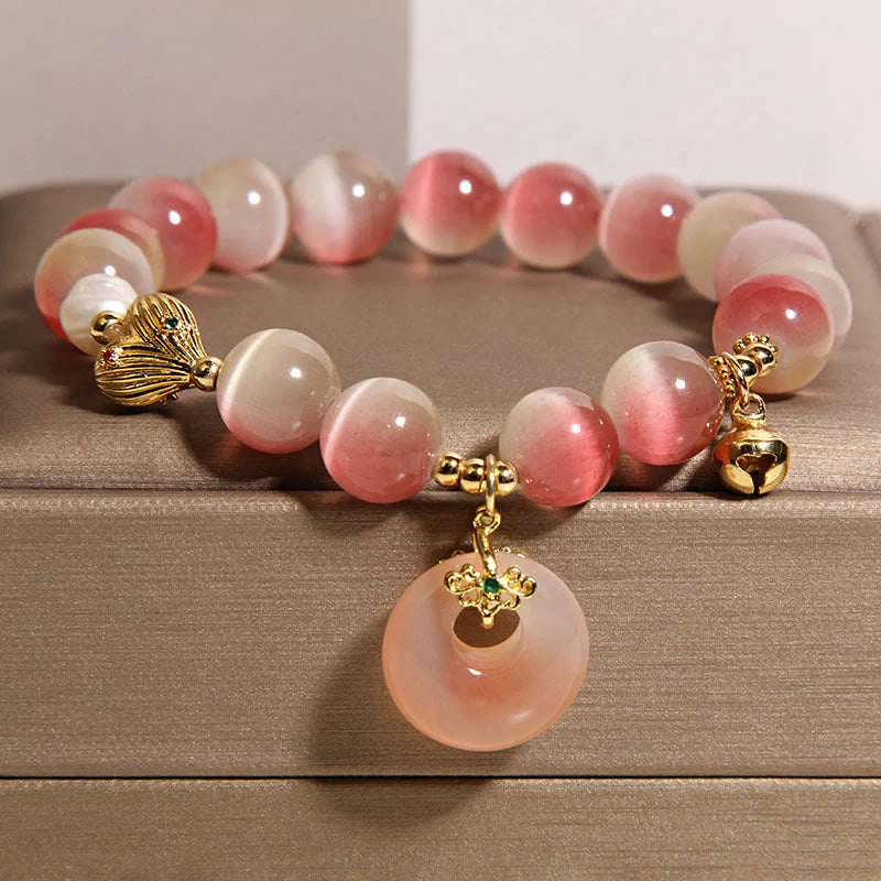 Buddha Stones Natural Peace Buckle Gradient Pink Cat's Eye Yanyuan Agate Peace Bracelet