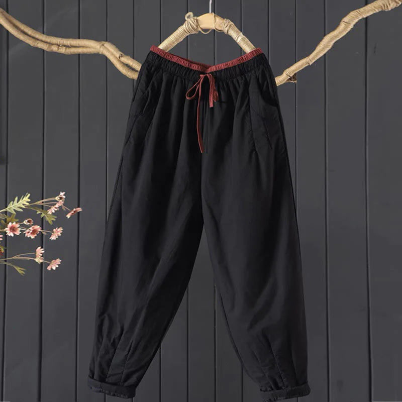 Buddha Stones Plain Color Blocking Cotton Polyester Thick Women's Pants With Pockets
