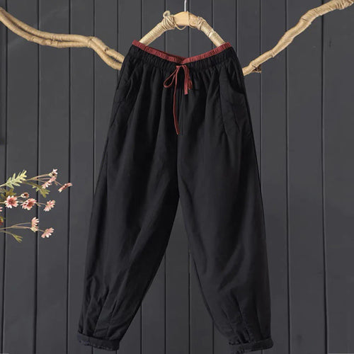 Buddha Stones Plain Color Blocking Cotton Polyester Thick Women's Pants With Pockets