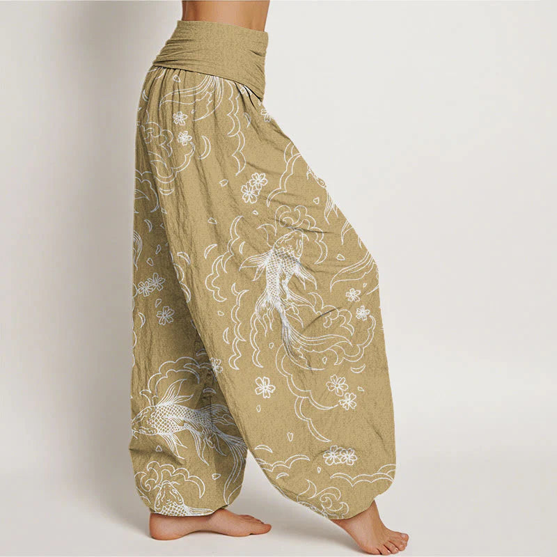 Buddha Stones Cotton Casual Koi Fish Waves And Petal Line Pattern Women's Elastic Waist Harem Pants