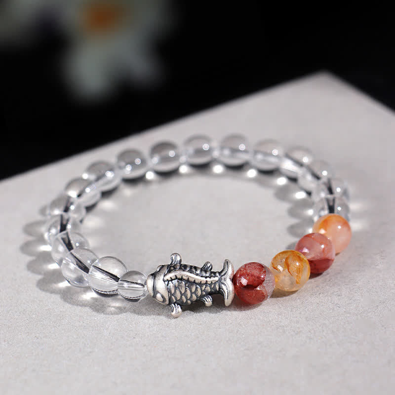 Buddha Stones Clear Quartz 999 Sterling Silver Koi Fish Protection Bracelet