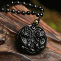 Buddha Stones Black Obsidian Double Pixiu Bead Rope Purification Necklace Pendant