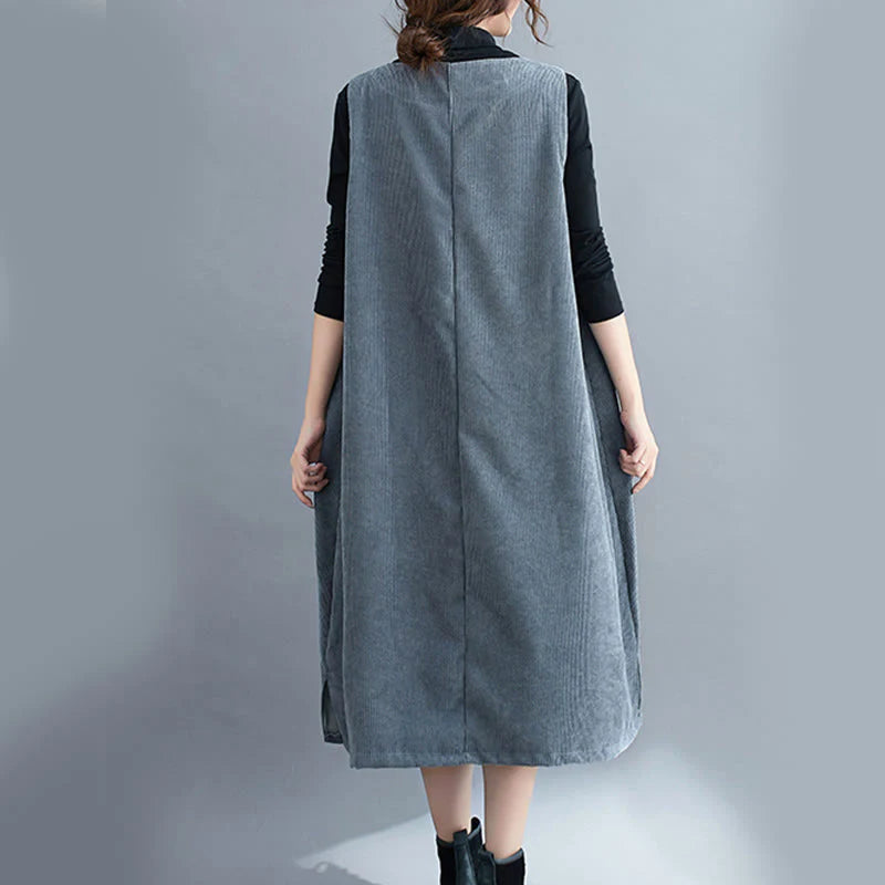 Buddha Stones Commute Crew Neck Women's Sleeveless Cotton Corduroy Midi Dress With Pockets