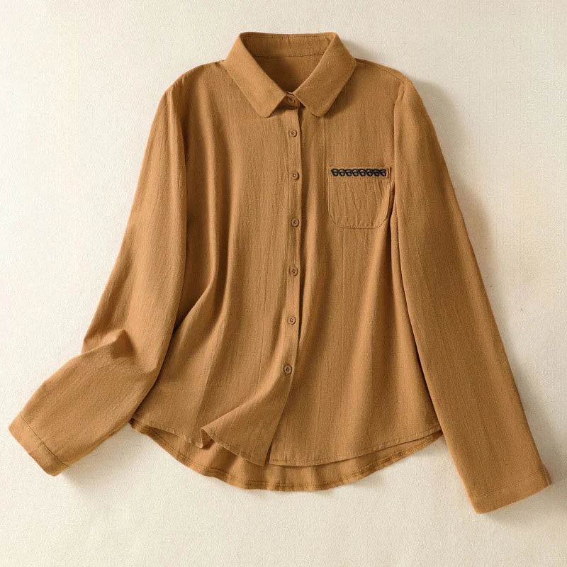 Buddha Stones Women's Spring Retro Plain Simple Embroidery Design Long Sleeve Cotton Shirt With Pocket