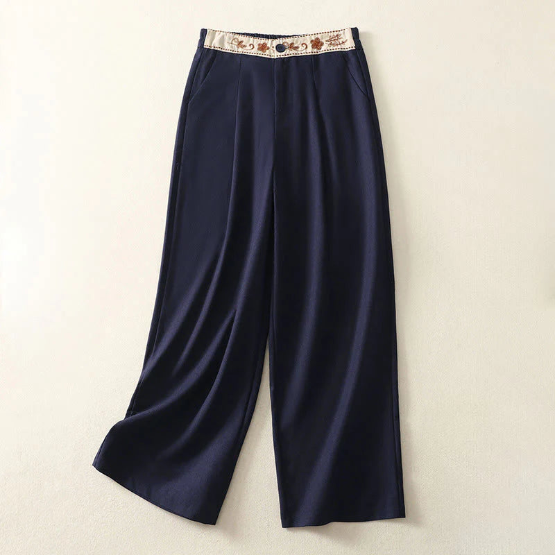 Buddha Stones Women's Embroidery Elastic Waistband Zipper Design Cotton Wide Leg Pants With Pockets