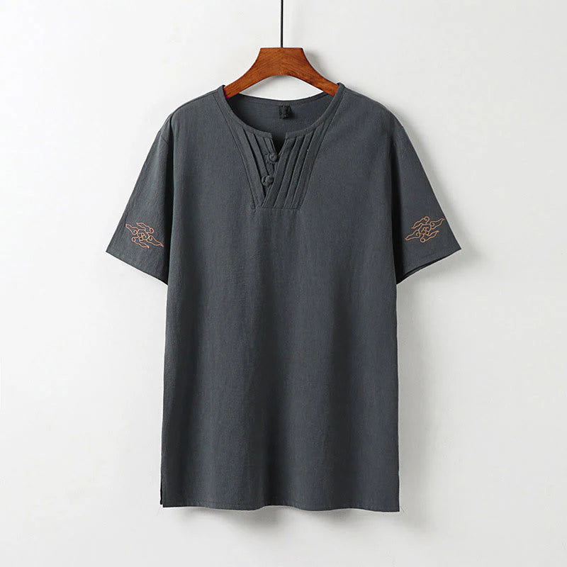 Buddha Stones Summer V-Neck Frog-Button Short Sleeve Clouds Embroidery Cotton Linen Men's Shirt