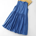 Buddha Stones Summer Buttons Pleated Knee Length Women's Sleeveless Dress With Pockets