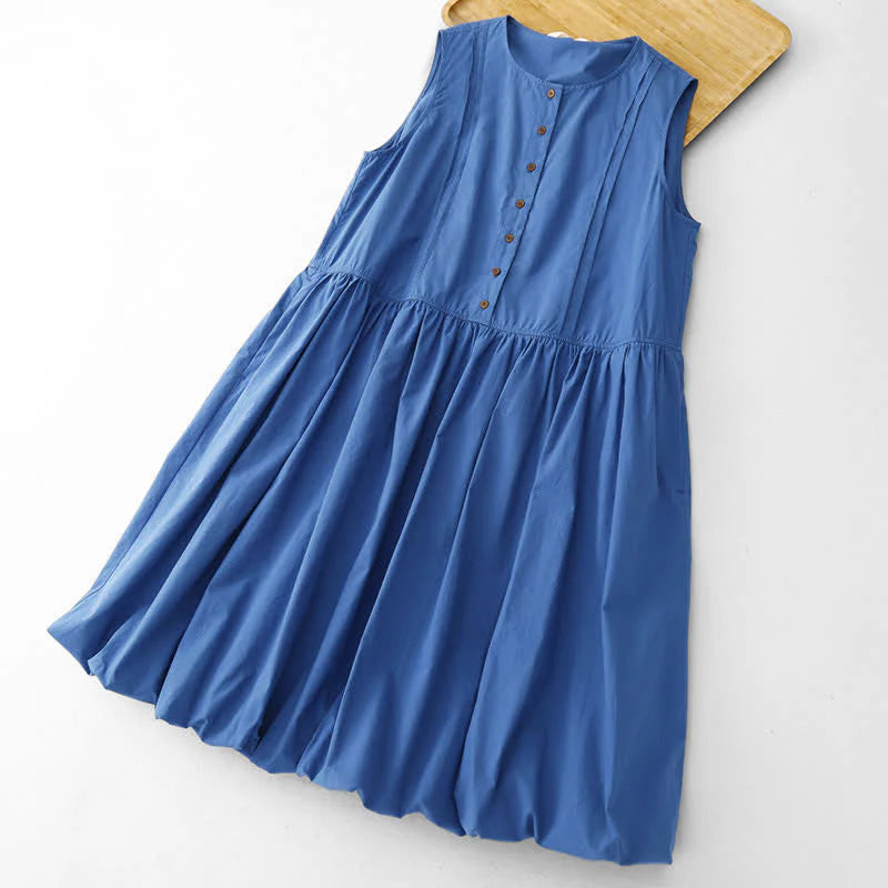 Buddha Stones Summer Buttons Pleated Knee Length Women's Sleeveless Dress With Pockets