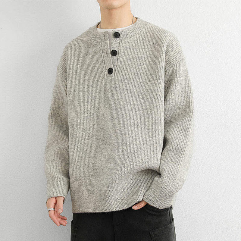 Buddha Stones Winter V-Neck Buttons Ribbed Design Warm Men's Long Sleeve Knitted Sweater