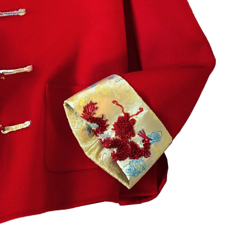 Buddha Stones Winter Embroidery Buttons Design Long Sleeve Women's Cotton Jacket With Pockets