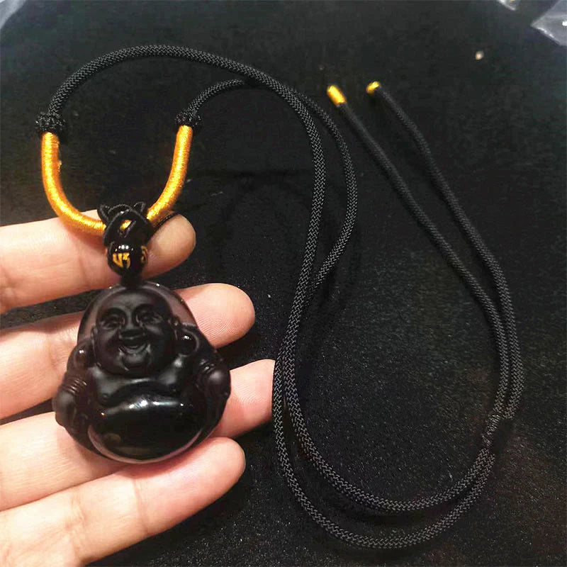 Buddha Stones Natural Black Obsidian Ice Obsidian Laughing Buddha Purification Necklace Pendant